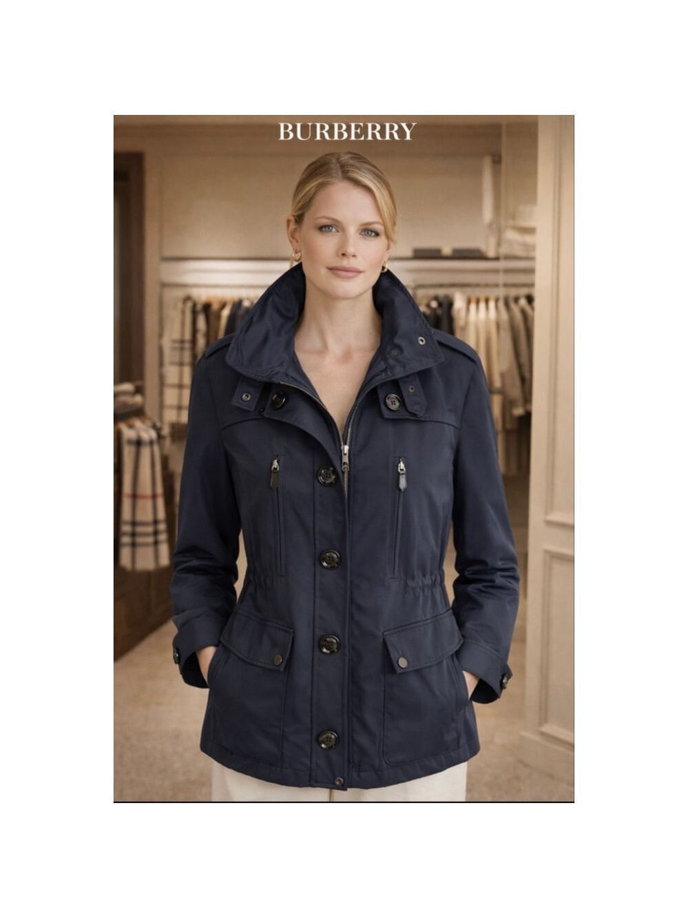 Women's BURBERRY Navy Utility Jacket L Blue Plaid Interior